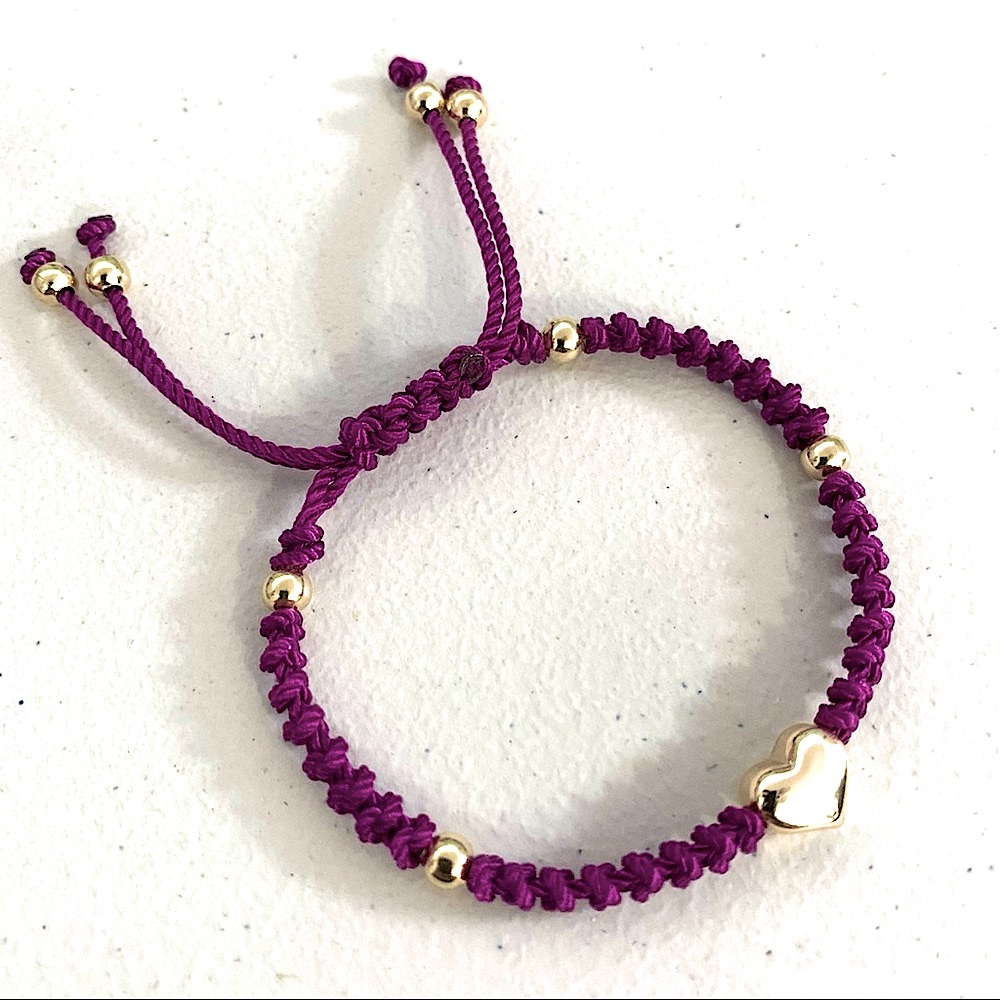 Stainless Steel Golden Puffed Heart Ajustable Macrame Bracelet Purple